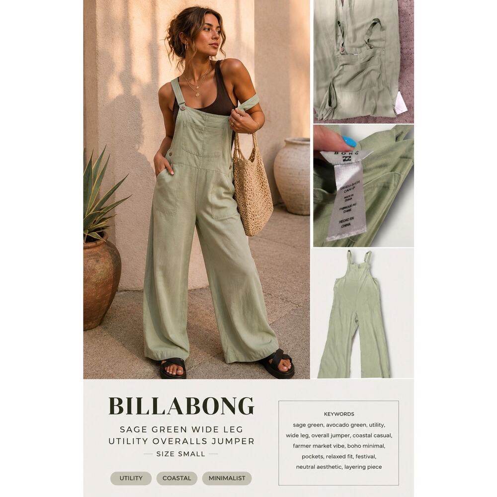 * Billabong Avocado Green Wide Leg Dungaree Jumpsuit Small - Picture 2 of 5